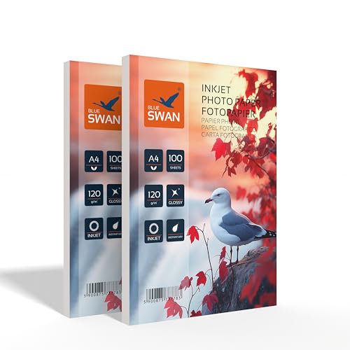 BLUE SWAN Papel Fotográfico A4, 120 g/m², 200 Hojas, Brillo Alto, Recubrimiento por una Cara, Resistente al Agua y a Arañazos – Compatible con Impresoras de Inyección de Tinta Canon HP Epson Brother