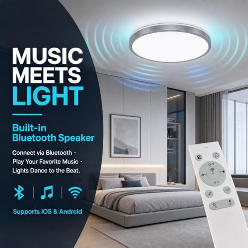 HOREVO LED Ceiling Light with Remote Control with Bluetooth Speaker, Diammble Color Changing, 24W Flush Mount Light Fixture for Living Room, Bedroom, Kitchen, Hallway, Kid's Rooms Silver (Need Wired by HOREVO - Image 3