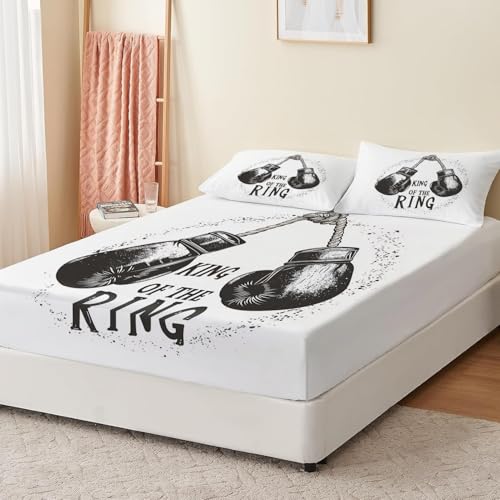 Białe prześcieradło z gumką 140 x 190 cm, dla dzieci, dziewcząt, rockowe rękawiczki, wzór, prześcieradło na łóżko kontynentalne, materac z mikrofibry, motyw dziecięcy, prześcieradło z gumką na materac