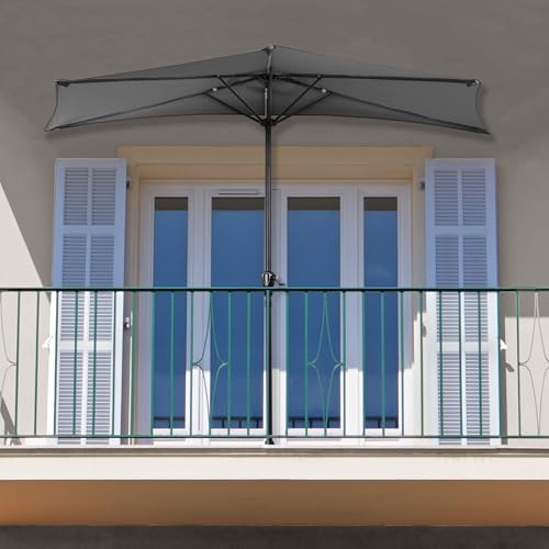 Image of Half Umbrella Outdoor Patio Shade - 9 ft Patio Umbrella with Easy Crank - Small Canopy for Balcony, Table, or Deck by Pure Garden (Gray)