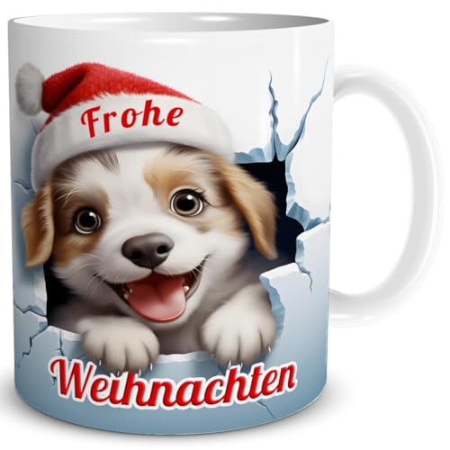 Weihnachtstasse 3d illusion hund mit spruch frohe weihnachten