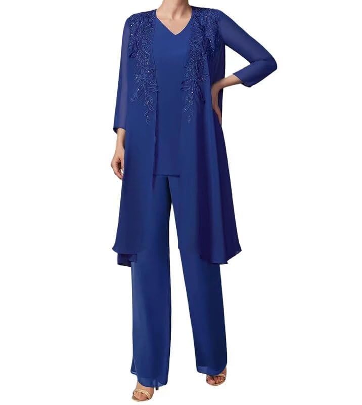 Mother of The Bride Pant Suits with Jacket Chiffon Evening Gowns Pantsuit 3PCs Wedding Guest Outfit Set2