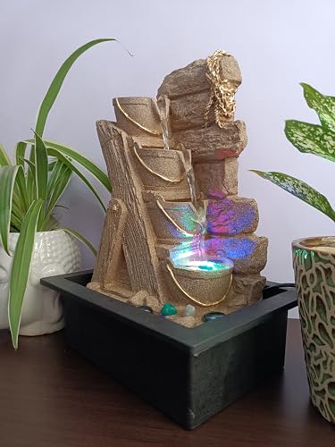 Image of Decorative Table Top Water Fountain for Home Decor /Office /Indoor & Outdoor /Garden /Puja Room /Vaastu with Multicolor LED Light and Adjustable Water Pump (Yellow Diya)