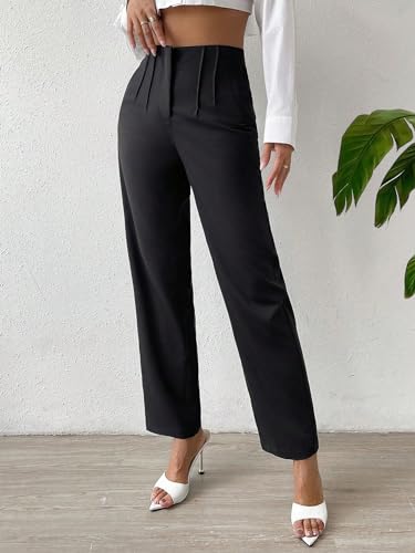SweatyRocks Women's High Waist Pleated Straight Leg Pants Solid Zipper Long Work Trousers Pants3