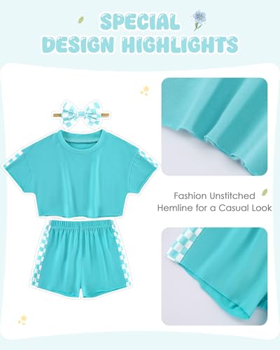 Image of SANMIO Toddler Girl Clothes Summer 3 Piece Outfits Cute | Short Sleeves Checkered Tops Shorts and Headband Girls Clothing Set