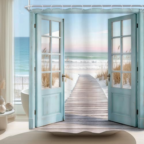 Image of Riyidecor Summer Beach Ocean Shower Curtain 72Wx72H Inch Coastal Blue Sea Teal Barn Door Rustic Seaside Hawaiian Scenery Country Path Bathroom Decor Fabric Polyester Waterproof 12 Pack Hooks