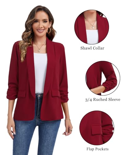 Women's Ruched 3/4 Sleeve Blazers Casual Shawl Lapel Work Padded Shoulder Open Front Blazer Jackets Pocket3