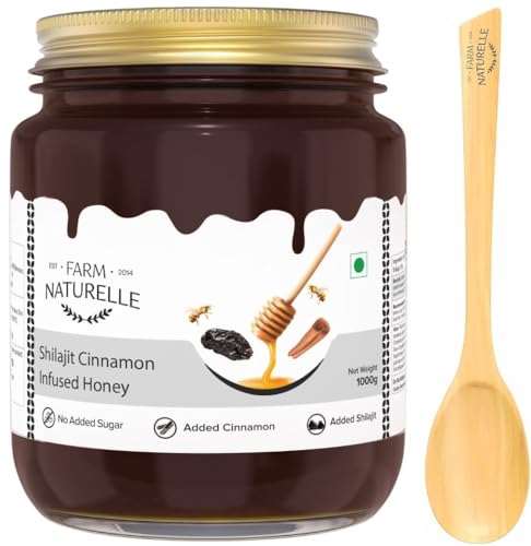 Image of Farm Naturelle - Shilajit infused in Cinnamon honey-powerful, therapeutically beneficial as well as fabulously tasty-for both, men n women-crafted wooden spoon along-850+150gm Extra