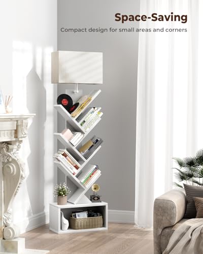 Evermagin 6 Tier Tree Bookshelf with Light, Small Bookcase Tower for Books/CDs/Movies, Sturdy Tall Floor Standing Book Organizer with Storage Cabinet for Living Room, Bedroom and Home Office, White - Thumbnail 5