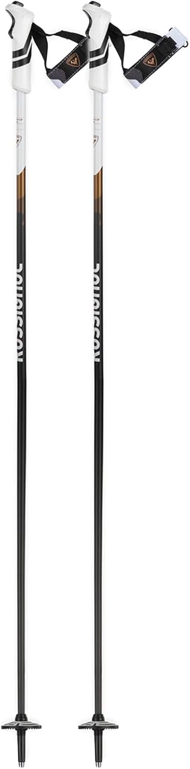 Full view of a single Rossignol Electra Premium Carbon R-Clip Ski Pole, showing the black carbon shaft, white grip, and gold accents.