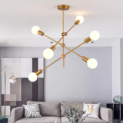 Lámpara de araña E27 Sputnik en color oro con 6 focos y brazos orientables