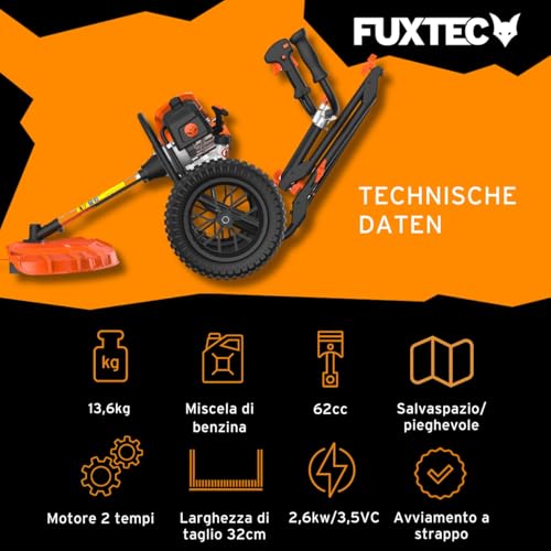 Decespugliatore con filo a scoppio FUXTEC FX-FSR162 - ruote pneumatiche grandi da 62 cc e potenza di 3,5 CV - tagliabordi a 2 tempi, Alimentato a benzina - 3