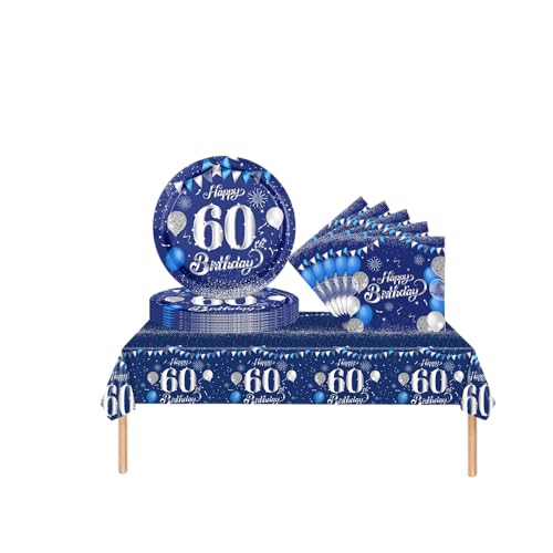 COSORO Set di stoviglie blu marino per 60 anni, 37 pezzi, decorazione da tavolo, per feste di compleanno, uomo e donna