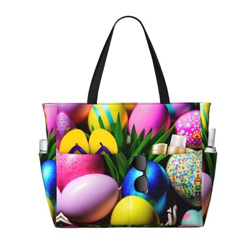 Colorful Easter Eggs Large Beach Tote Bag Women Beach Tote Bag For Pool Gym Grocery Travel With Multiple Pocket