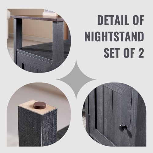 Image of IFBUY Farmhouse Nightstands Set of 2, Narrow Bedside Table with Charging Station, Night Stand Set 2 with Storage & Open Shelf, End Tables w /Groove Barn Door for Bedroom, Living Room, Dark Grey