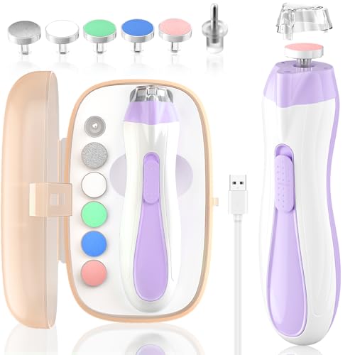 Baby Nail File Electric Baby Nail Care Set with LED Light, Baby Nail Clipper Electric for Newborn/Infants/Adults Toenails and Fingernails, 7 Grinding Head Replacement Pads, Purple