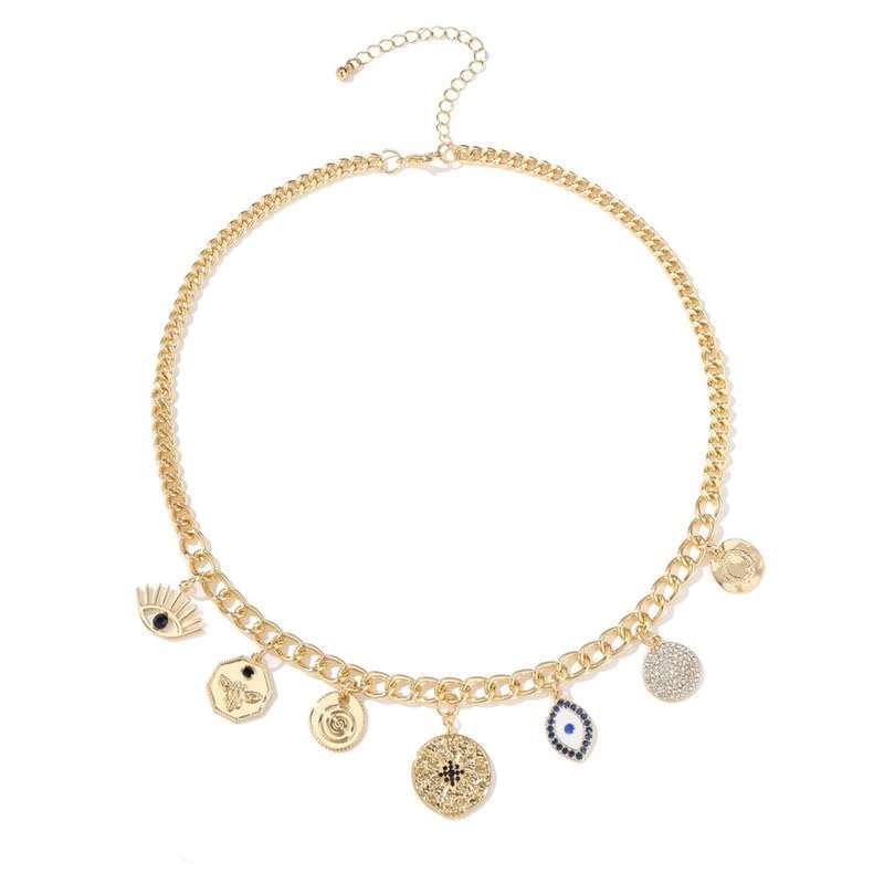 Charm Necklace for Women Chunky Plated Necklace Evil Eye Sun Pendant Statement Rhinestone Chain3
