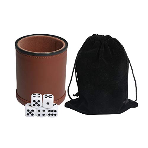 Leather Dice Cup Set Felt Lining Quiet Shaker with 5 Dot Dices for Farkle Yahtzee Games,4 Pack (Brown)