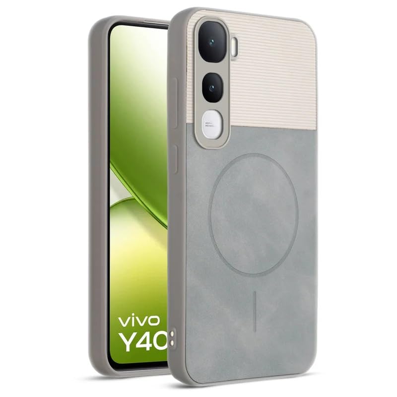 Image of Bintage case Dual-Leather Macc-Safe Design Phone Case| Soft Touch Finish | Full Camera Protectection Back Cover Compatible for Vivo V2506 / Vivo Y400 5G - White & Matelic Grey