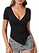 LYANER Women's Deep V Neck Wrap Front Ruched Slim Fitted T-Shirt Short Sleeve Shirt Blouse Tops Black Medium