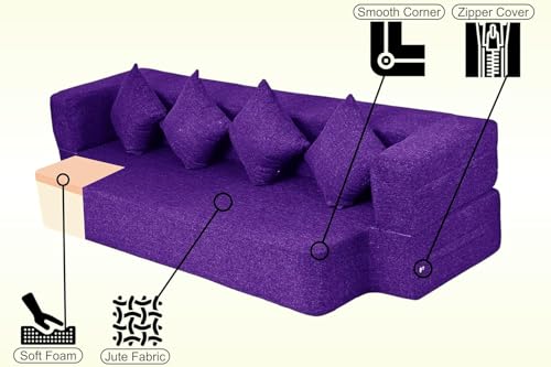 Image of Rosebell Flipper Three-Seater | 70 X 46 X 9 | Foldable Sofa Cum Bed with Washable Fabric Four Cushions - Purple Color