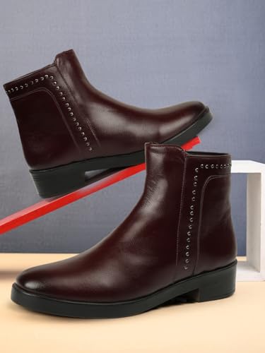 Image of ELLE Women Studded Low Block Heel Ankle Boots with Side Zipper