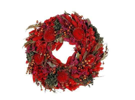 Trockenblumen Kranz - Handgefertigter Natur-Türkranz - Edle Wand- & Tischdeko, Saisonunabhängig (Rot - ⌀ 30 cm)