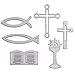 FEPITO 80 Stück Hölzerne Dekorationen Tischdeko Streudeko für Konfirmation Kommunion Silber Kreuz, Fisch, Kelch, Bibel - Größe ca. 3,5 bis 5 cm