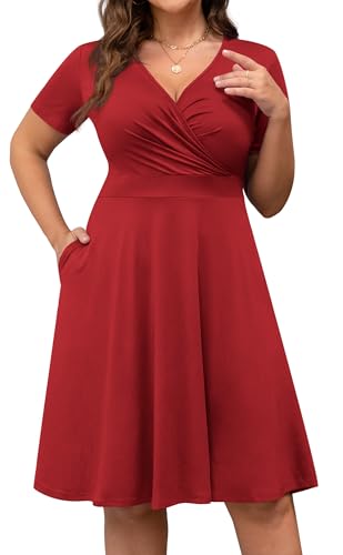 Image of POSESHE Womens Plus Size Dresses Summer Short Sleeve Wrap V-Neck Sundress Casual Wedding Guest Cocktail Dress with Pockets
