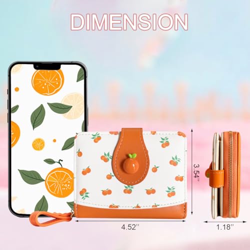 Image of Cute Print Wallet Blueberry Strawberry Cherry Wallet with Credit Card Slot Zipper Coin Pocket for Women Girls (ORANGE)
