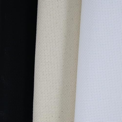 Image of KCS 3 pc of 15 inch x 18 inch(38cmx45cm) Counted Cross Stitch Cotton Aida Cloth Needlework Rolled Fabric Box,14CT,White+Oatmeal+Black
