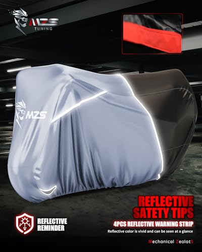Image of MZS Motorcycle Cover Waterproof Outdoor, Heavy Duty All Season Weather Sun Protection with Storage Bag Vents Night Reflective Cotton Lining Lock Holes fits up to 86 inch Motorbikes Vehicle Covers