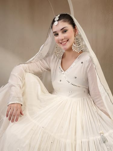 Image of Gulmohar Jaipur Women's Malmal Solid Angrakha Neck Anarkali Kurta Suit Set
