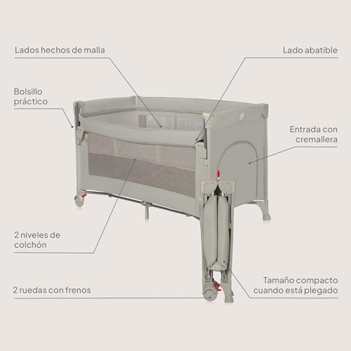 Miniatura 9 de Lionelo Ellen Cuna De Viaje 3 En 1 De 0 A 3 Años, Cuna Colecho Para Recién Nacidos Y Mayores Hasta 15 Kg, 2 Alturas De Colchón, Correas De Amarre, Entrada Lateral Con Cremallera, 2 Ruedas Bolsa