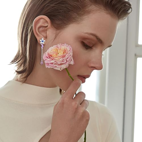 Sterling Silver Threader Earrings with Birthstone Flower earrings dangle Tassel Long Charm Drop Dangle Earrings Jewelry Gifts for Women Girls3