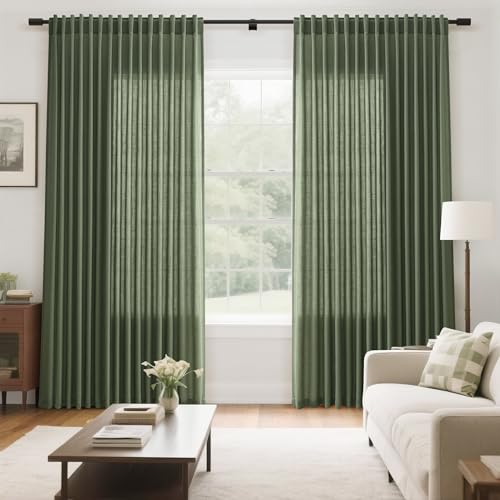 Image of Olive Green Large Window Curtains Light Filtering Semi Sheer Privacy Linen Textured Curtain for Patio Sliding Glass Door Extra Wide Rustic Farmhouse Drapes for Living Room Bedroom Sunroom 100x90 Inch