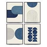 PLKMN Navy Blue Abstract Wall Art Decor Set of 4 - Bathroom Decor, Boho Minimalist Wall Art Prints for Bedroom Living Room 8x10 (Unframed)