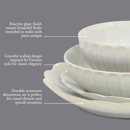 Image of Gibson Elite Malibu Shore 16 Piece Scallop Stoneware Reactive Glaze (Service for 4) Ceramic Plates and Bowls Dinnerware Set - Shiny Cream White