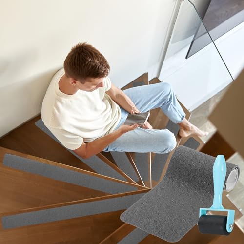 Cinta antideslizante para escalones de madera gris con rodillo de 15 tiras autoadhesivas