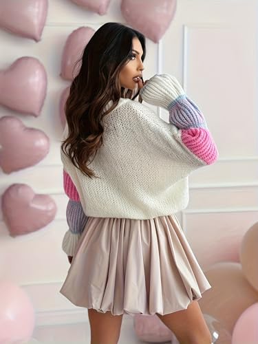 Women's Knitted Sweater, Color Blocked Bubble Sleeves, Crew Neck, Chunky Knit2