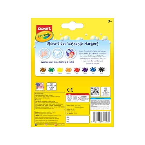 Image of Luxor Crayola Ultra-Clean Washable Markers for Kids, 8 Vibrant Colors, Conical Tip for Thick & Thin Lines, No-Mess Easy-Wash Ink, Non-Toxic Art Supplies for Kids