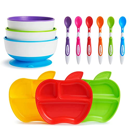 Munchkin Set per lo svezzamento, include 3 ventose, 3 piatti divisi per piccole mele e 6 cucchiai con punta morbida