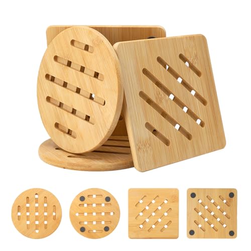 VOSSOT Untersetzer aus Bambus, 4 Stück, rutschfest, waschbar, hitzebeständig, für Küche, Schüssel, Töpfe, Teller, Teekanne