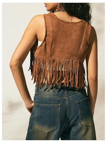 Verdusa Women's Western Boho Fringe Sleeveless Crop Vest Cardigan Tie Front Tassel Jacket2
