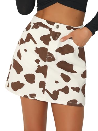 Allegra K Casual Short Skirt for Women's High Waist Mini Cow Print Skirt Medium Brown
