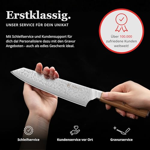 Wakoli Oribu Kiritsuke Messer 20 cm – Küchenmesser aus 67 Lagen - Damastmesser mit VG10 Kern, extra scharf, Olivenholzgriff, vielseitig für Fleisch, Fisch, Gemüse, Geschenkbox, Full Tang Messer scharf