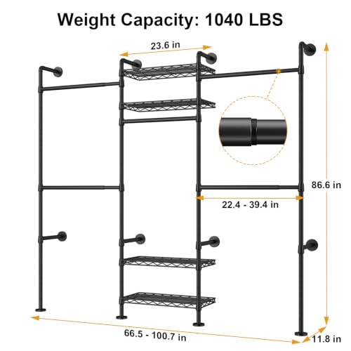 Image of ULIFHOME M7 Wall-Mounted Clothes Rack, Heavy-Duty Garment Closet System | Metal Clothing Storage Organizer with Shelves and Expandable Hangers, (66.5-100.7) inchL x 11.8 inchD x 86.6 inchH for Hanging, Black