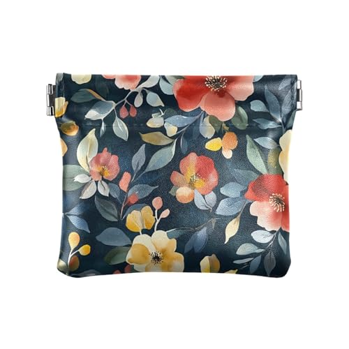 Watercolor Colorful Flower Squeeze Coin Purse, Leather Coin Purse, Mini Wallet, Compact and Portable, Unisex