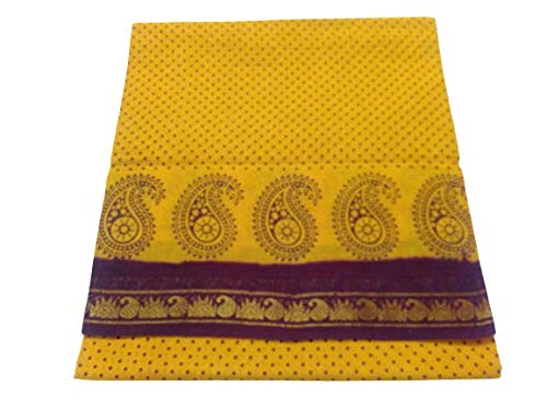 Amri Fashion Women's Cotton Saree (Sari) Yellow With Brown Dots & Border | Without Blouse | 5.8 Mts