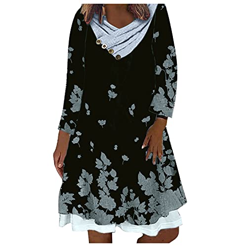 Dresses for Women Casual Button Fake Two Piece Pile Collar Flower Print Dress Fall Loose Long Sleeve Bodycon Dresses (04 Black, XL) Dresses for Women Casual Button Fake Two Piece Pile Collar Flower Print Dress Fall Loose Long Sleeve Bodycon Dresses (04 Black, XL)
